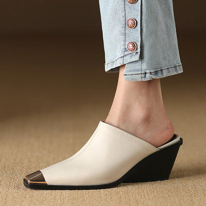 2025 New Ladies Genuine Leather Metal Head Mules Fashion Med Chunky Heels Summer Wedges Slippers Women Casual Office Shoes Woman