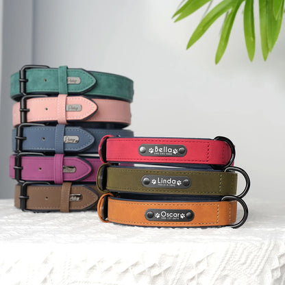 Personalized  PU Leather Dog Collar Soft Padded Pet Dog Collars Engraved Name Paw Durable Necklace for Small Medium Large Dogs
