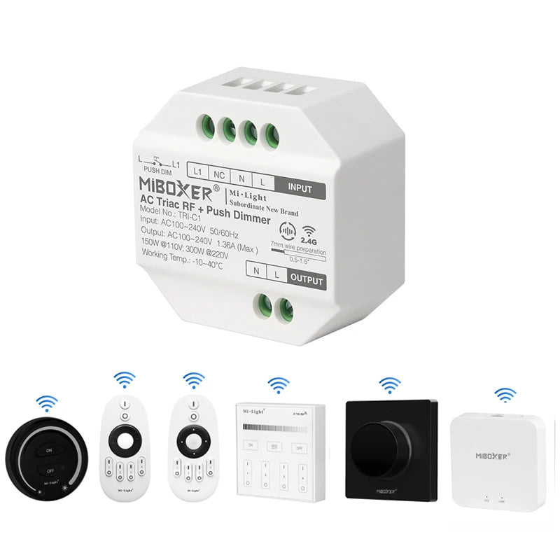 Miboxer TRI-C1 AC Triac Dimmer Single Color Controller 110-220V Push Dim Wall WiFi PWM RF Voice Control For Filament Lamp