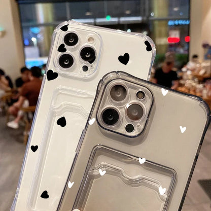 Case For iPhone 16 15 14 13 12 11 Pro Max Black White Love Heart Clear Phone Cover For iPhone XS X 7 8 Plus Wallet Card Bag Case