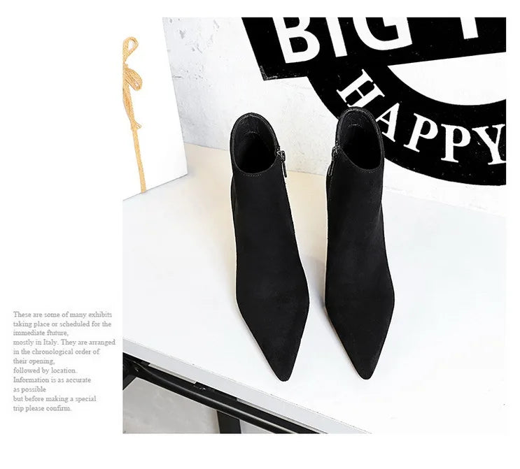 BIGTREE Shoes Suede Ankle Boots For Women Heels Winter Boots Pointed Stilettos High-heeled Boots Side Zipper Black Short Boots