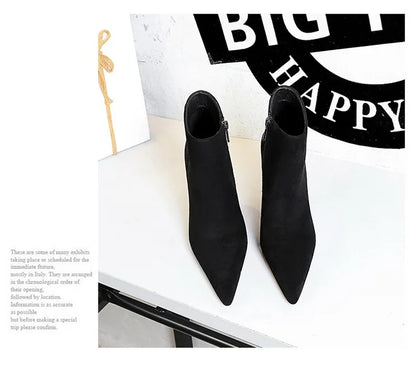 BIGTREE Shoes Suede Ankle Boots For Women Heels Winter Boots Pointed Stilettos High-heeled Boots Side Zipper Black Short Boots