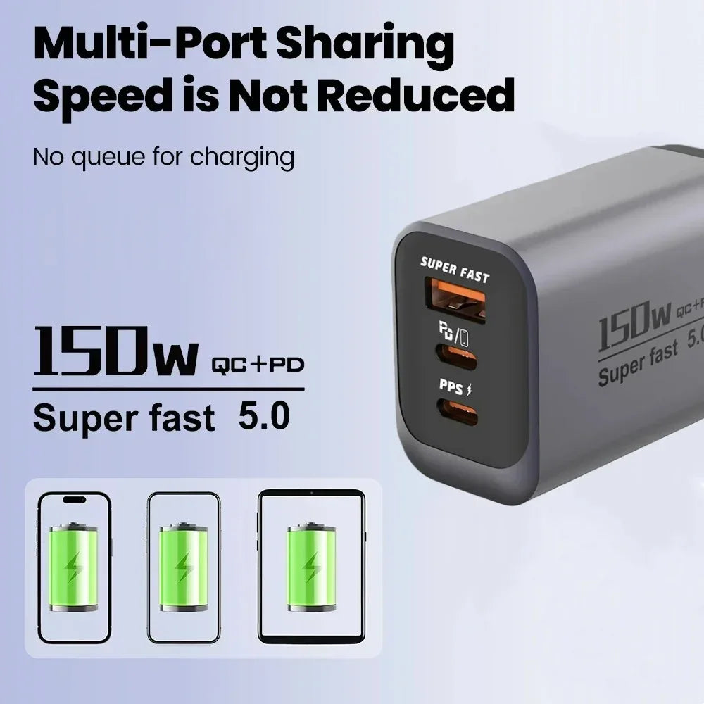 Multi Ports USB Type C Fast Charger 150W Super Charging Wall EU/US/UK Plug Charger Quick Charge3.0 USB Adapter PD3.0 Charge Head
