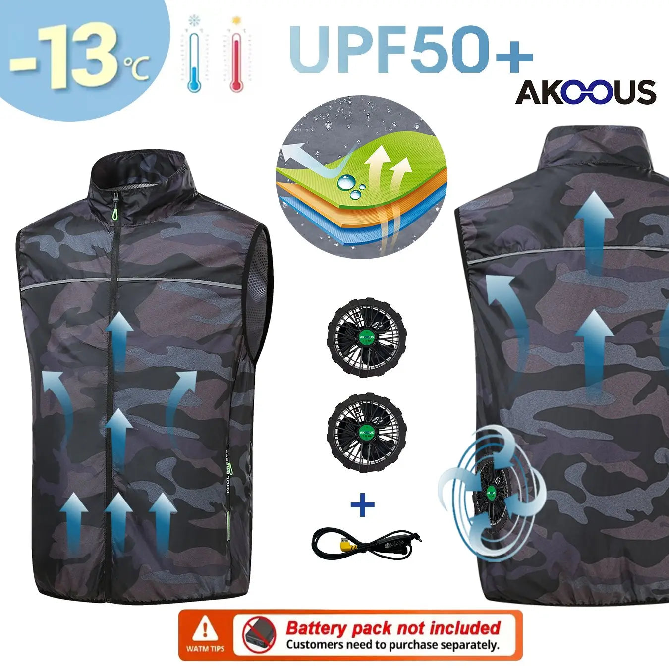 AKOOUS 12V/5V USB 4 Fans Cooling Vest Men Wearable Air Conditioned Clothes for Outdoor Work Fishing Hiking Loose Cool Vest