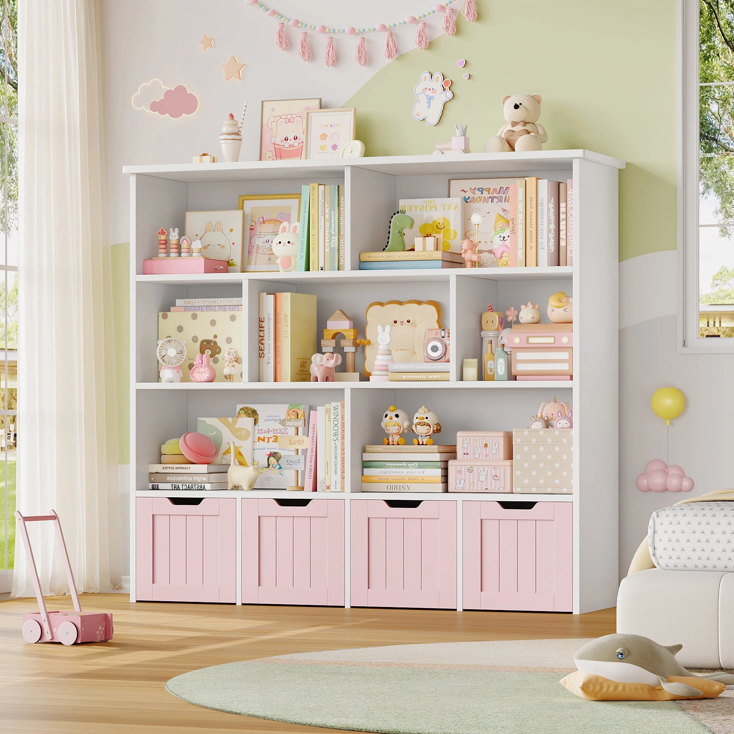 Getone Kids Toy Storage Unit Childrens Bookcase with 4 roller drawers 8 shelves Toy Organiser Kids Bookshelf for Nursery Playroom 125.5x33x118cm White/ Pink