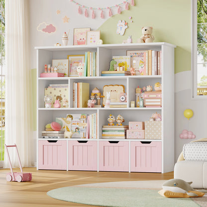 Getone Kids Toy Storage Unit Childrens Bookcase with 4 roller drawers 8 shelves Toy Organiser Kids Bookshelf for Nursery Playroom 125.5x33x118cm White/ Pink
