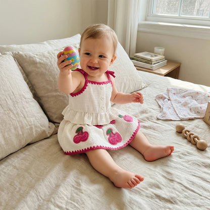 Sweet Baby Girl Summer Outfit Contrast Trim Ruffled Hem Cami Tops Cherry Applique Bow Skorts 2 Piece Girls Set