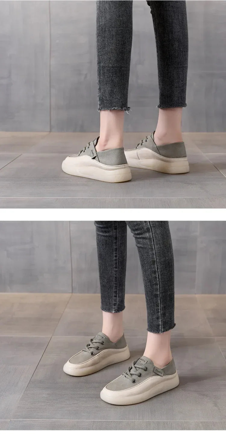 Koznoy 3.5cm Cow Genuine Leather Women Flats Fall Vulcanize Chunky Sneaker Loafer High Brand Platform Slippers Autumn Shoes