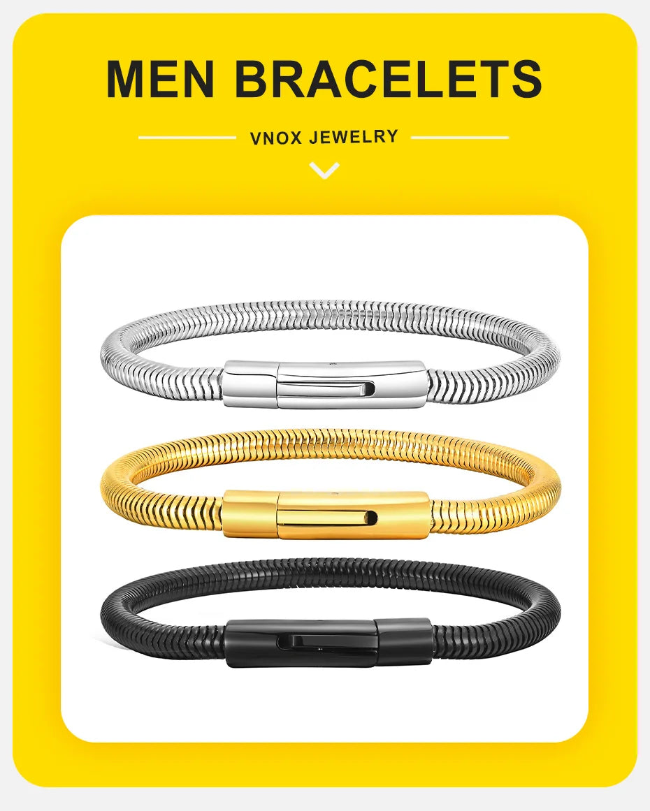 Vnox 5mm Round Snake Chain Bracelets for Men Women Black Silver Color Waterproof Cocoon Links Wristband Simple Cool Jewelry