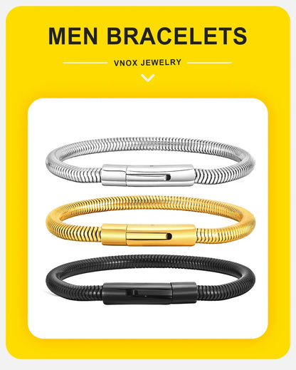 Vnox 5mm Round Snake Chain Bracelets for Men Women Black Silver Color Waterproof Cocoon Links Wristband Simple Cool Jewelry