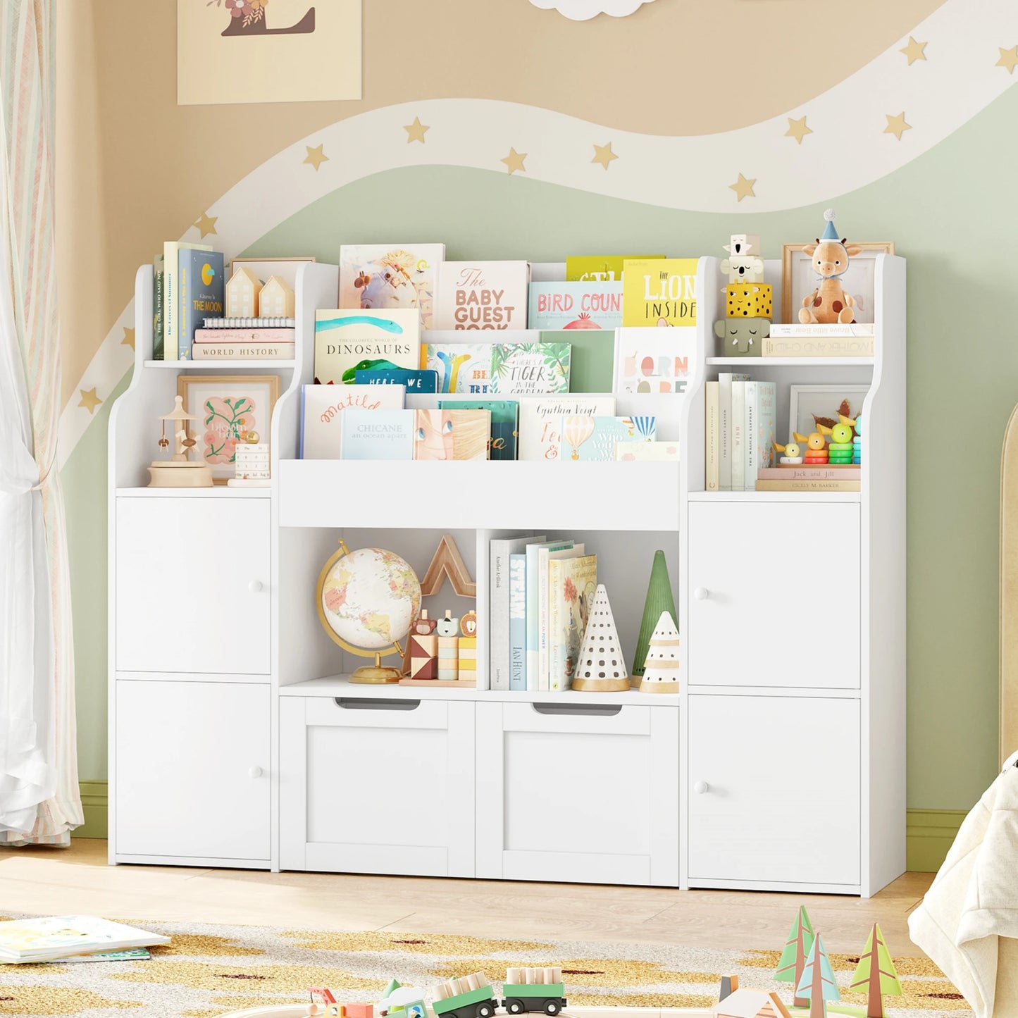 Getone Toy Storage , Childrens Bookcase,Unit 3-tier Kids Bookshelf, Kids Storage with 2 Drawers with Wheels, 4 Doors, 6 Open Shelves,multi-functional toy storage unit122x30x100cm