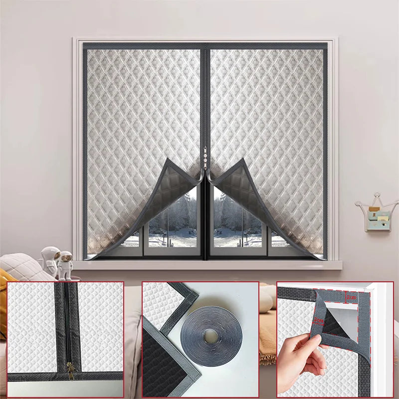 Window windproof, warm curtain, cold proof double-layer thick blackout curtain, soundproof cotton window, gray zipper style