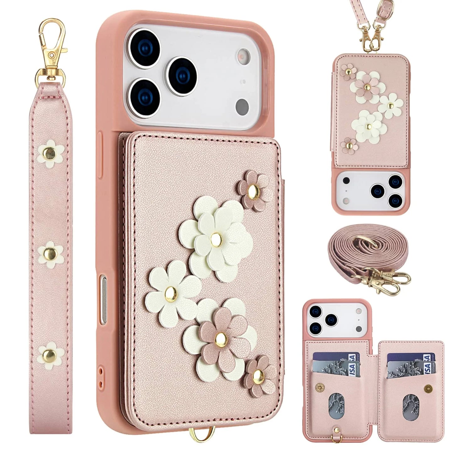 For iPhone 17 Pro Max iPhone Air Case, Wallet with Card Holder, Cute Flower Design Crossbody Purse,Magnetic Kickstand Shockproof