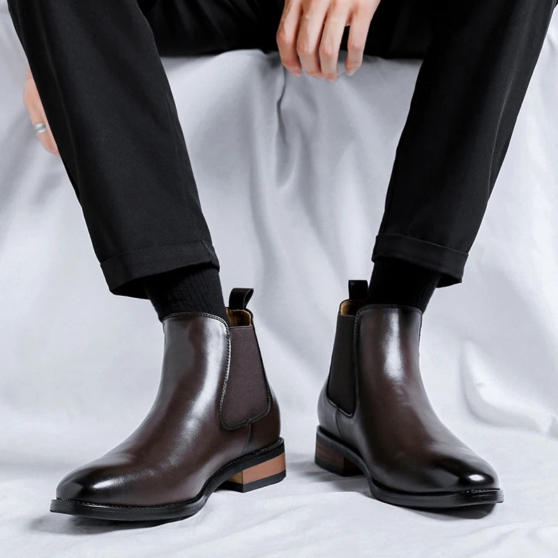 Genuine Leather Classic Men High Top Chelsea Ankle Boots High Quality Mens Casual Dress Business Shoes Comfy OutdoorBasic Boots