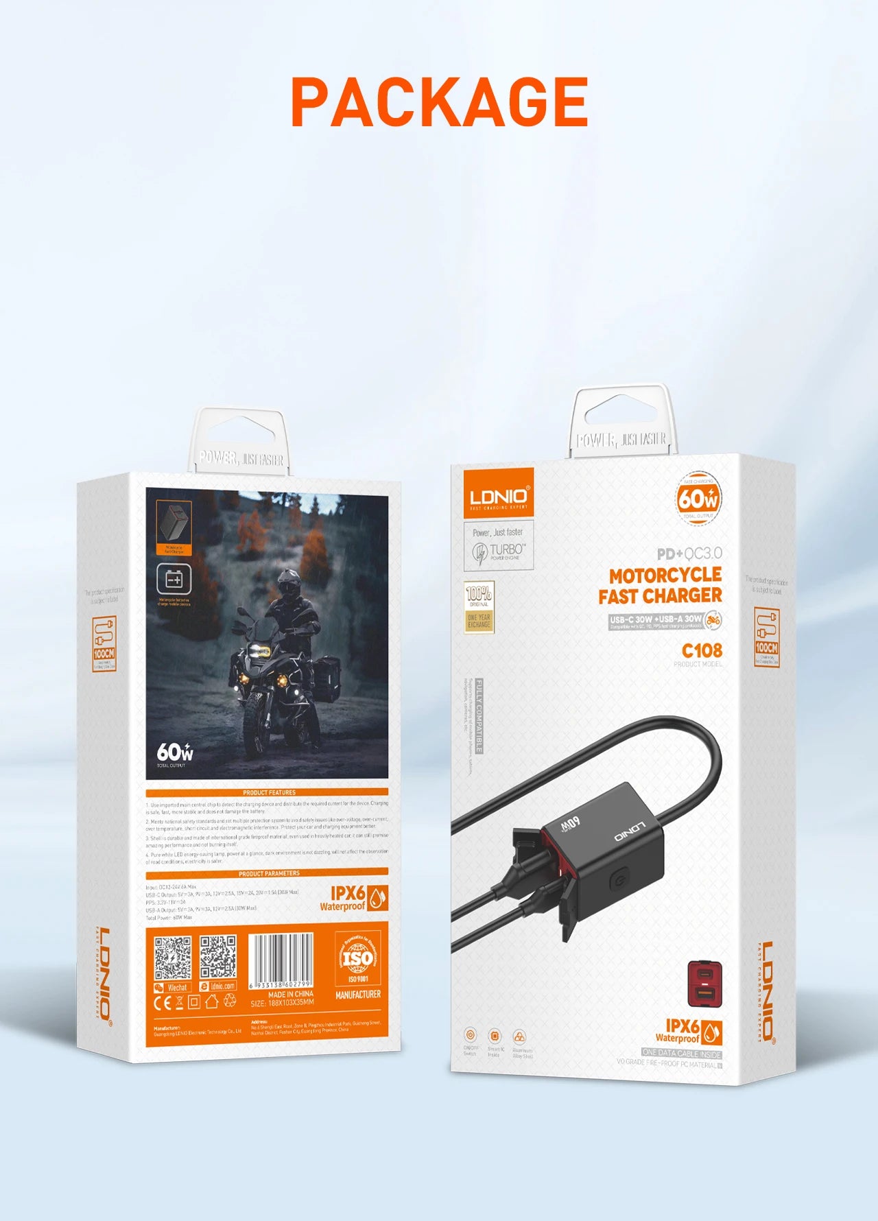 LDNIO Motorcycle USB C Fast Charger PD+QC3.0 60W Waterproof Socket Type C Cell Phone 12V/24V Vehicle-Mounted Charger Adapter