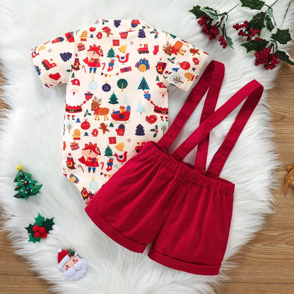 Christmas Suit Infant Bow Short Sleeve Polo Romper + Brace Shorts Set Newborn Baby Girl Boy Clothes
