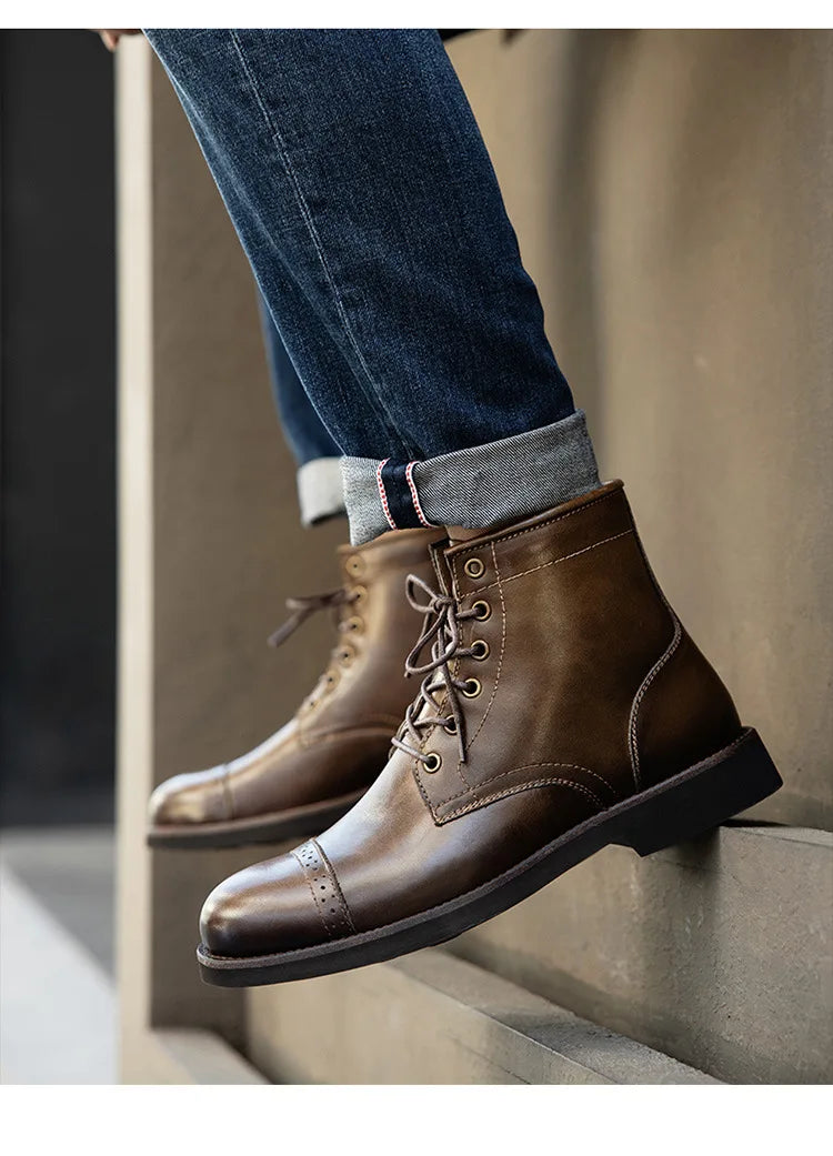 Men Boots 2025 American style Comfortable Fashion Leather Boots Lace up men's short boots motorcycle boots