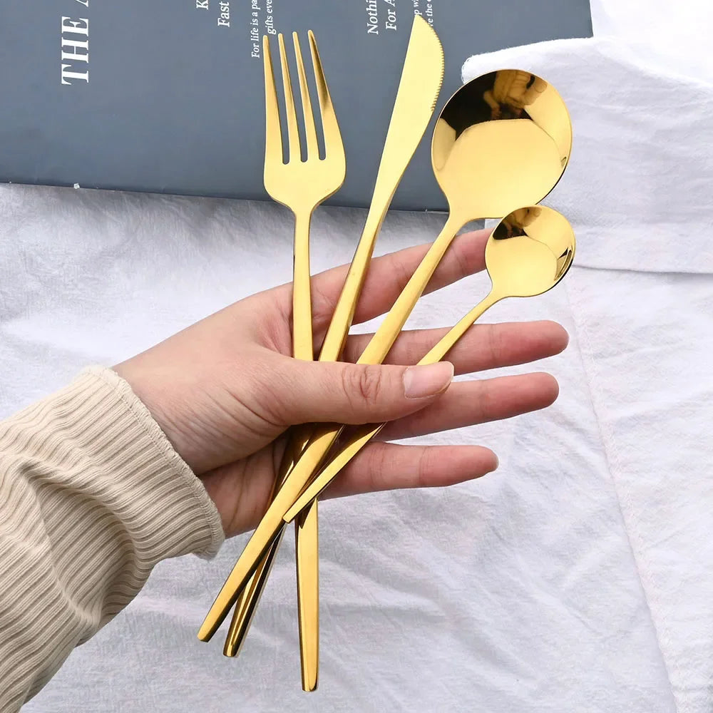 24Pcs Stainless Steel Cutlery Set Black Handle Golden Dinnerware Knife Fork Spoon Kitchen Tableware Gift Set