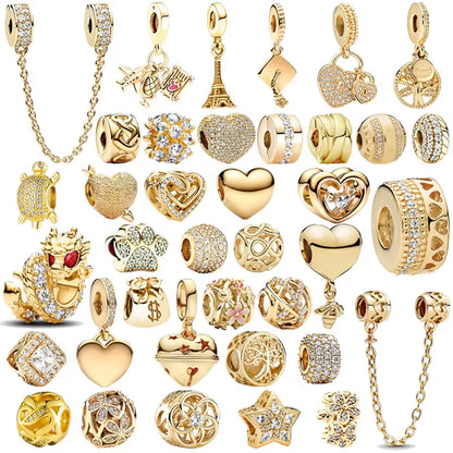 New Gold Plated Safety Chain、Hearts Clip、Family Tree、Snowflake Charm Bead Fit Original European 925 Silver Bracelet Jewelry Gift