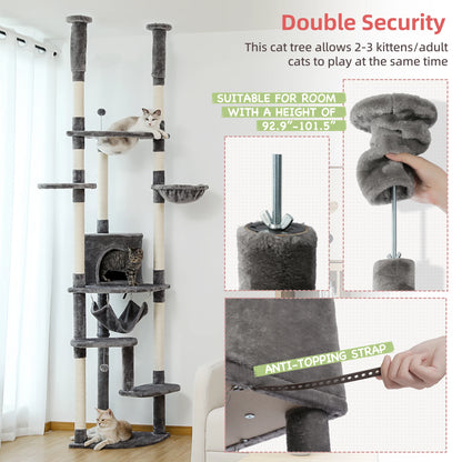 Floor to Ceiling Cat Tree Adjustable Cat Tower Tall Kitty Climbing Play House with Scratching Posts Cozy Condo Perches Hammock