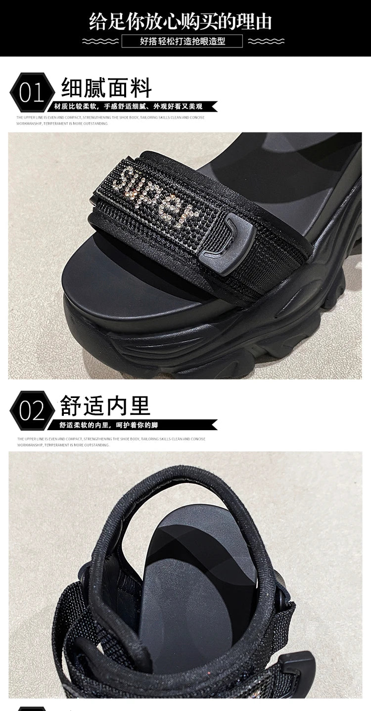 New Summer Black Women High Platform Sandals 11CM Wedge Heels Bling Slippers Peep Toe High Heels White Leather Chunky Flip-Flops