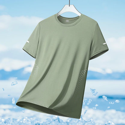 Summer Mesh Sports T-Shirt Men Quick-Drying Breathable Loose Ice Silk Short Sleeves Men Jogging Hiking Round Neck Sports T-shirt