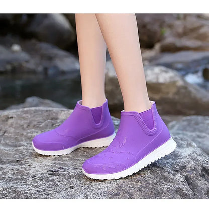 Fashionable Winter Short Ankle Women's Rain Boots Waterproof Slip Resistant Car Wash Shoes Adult Fleece Lined PVC Ladies Footwea