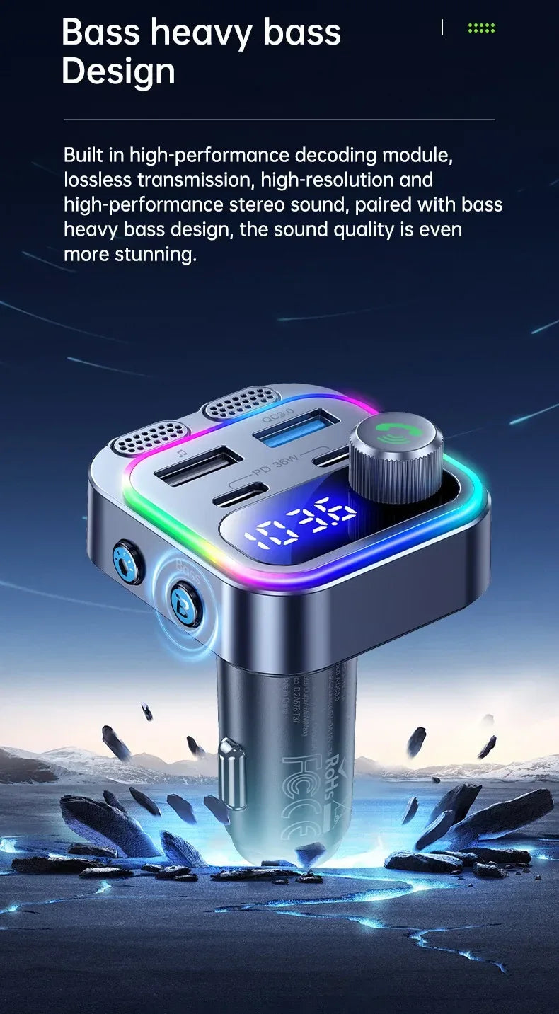 66W Fast Car Charger Bluetooth 5.4 FM Transmitter Wireless Radio Handsfree Calling Dual Mics & Deep Bass Car Charger Dual PD
