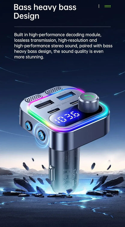 66W Fast Car Charger Bluetooth 5.4 FM Transmitter Wireless Radio Handsfree Calling Dual Mics & Deep Bass Car Charger Dual PD