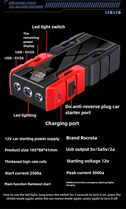 New 12V 99800mAh 3000A Car Jump Starter Car Battery Starters Portable Power Bank 12V Starting Device Booster  Petrol Diesel Car