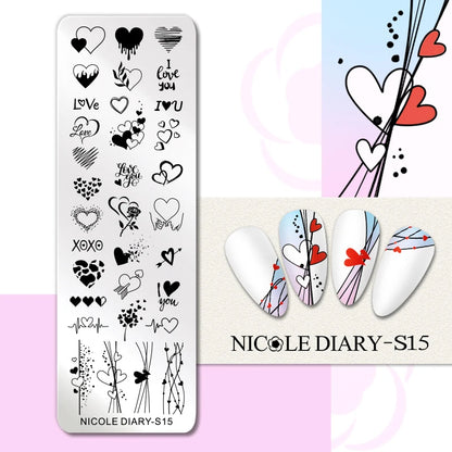 NICOLE DIARY Rose Flower Nail Stamping Plates Image Template Valentine's day Love Heart Printing Stencil Nail Art Manicure Tools