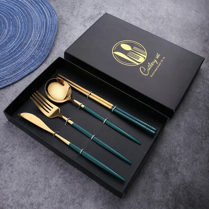 2PC/4PC Cutlery Set Stainless Steel Glossy Titanium Black Gold Cutlery Knife Fork Spoon Tea Spoon Set Kitchen Accessories