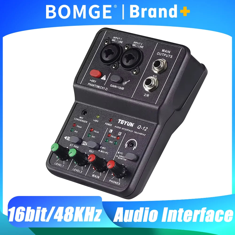 2 Channels Professional portable Audio Interface sound card console mini USB MIXER for Guitar Recording Studio Singing Q12