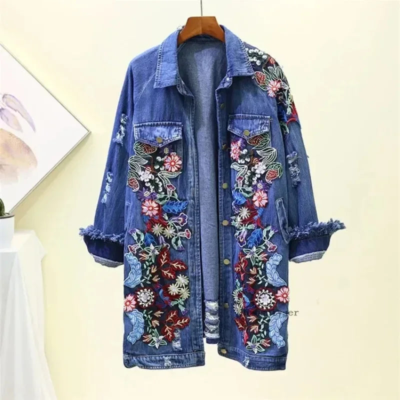 Spring Autumn Loose Vintage Flower Embroidered Denim Jacket Women Single-breasted Casual Raw Fringe Hole Jeans Jackets Female