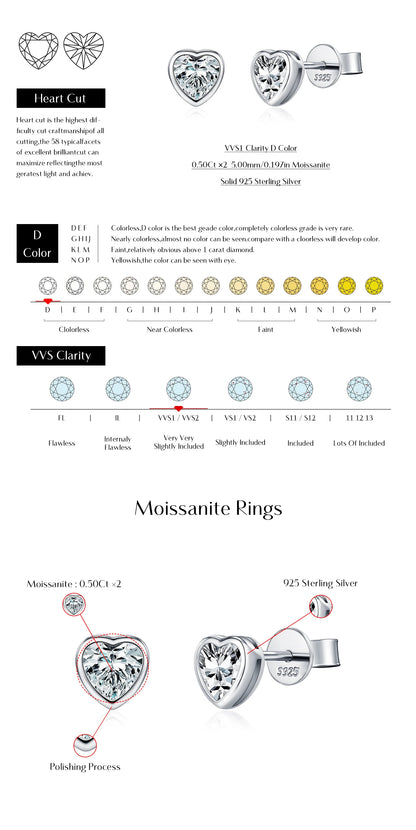 MODIAN 3 Sizes Heart Moissanite Ear Studs 925 Sterling Silver Dazzling Stackable Fashion Stud Earrings For Women Fine Jewelry