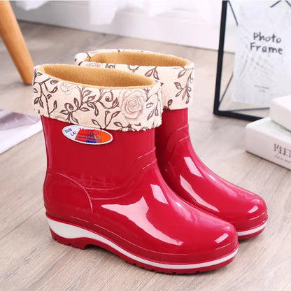Women's Short Rain Shoes Non-slip Waterproof Rubber Boots Durable Wear-resistant Rain Boots Fleece Lined Warm Shoes Wholesale
