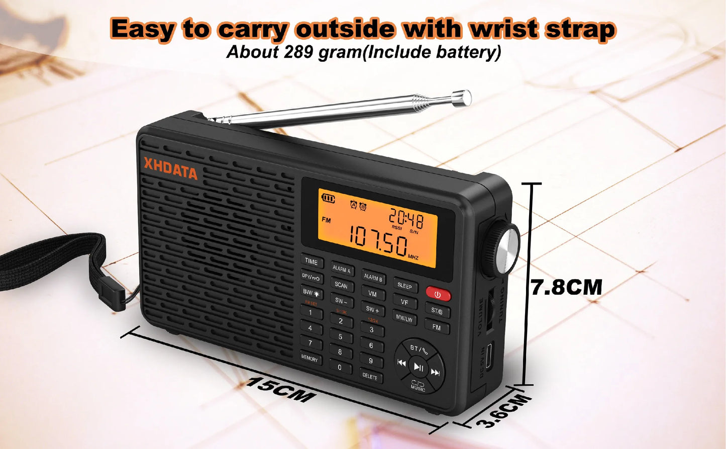 XHDATA D-109 Stereo Digital Portable Radio AM SW MW FM Radio Bluetooth Compatible Multifunctional Radio Support TF Card Player