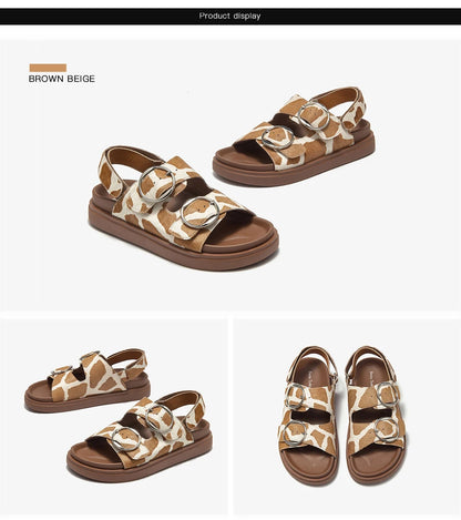 BEAUTODAY Casual Sandals Women Horseskin Animal Prints Double Buckles Straps Thick Sole Outdoor ladies Shoes Handmade 34616