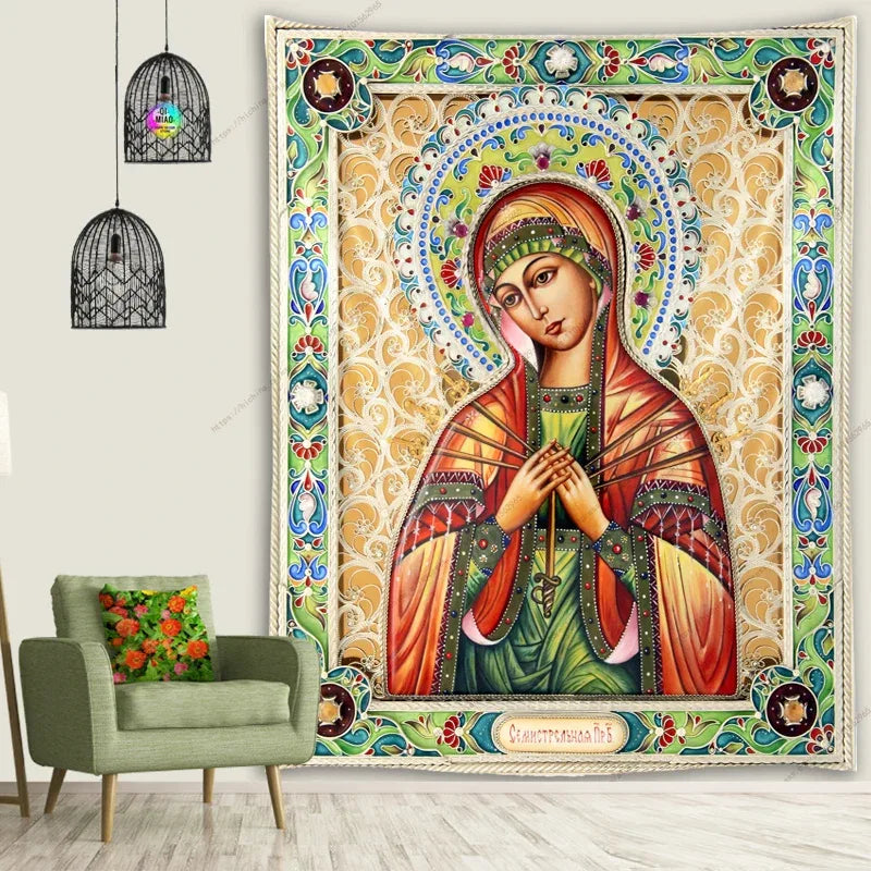 Icon of Christ Tapestry Jesus Easter Wall Decor God Home Decoration  Blessed Virgin Mary Wall Tapestries Christmas Room Decor