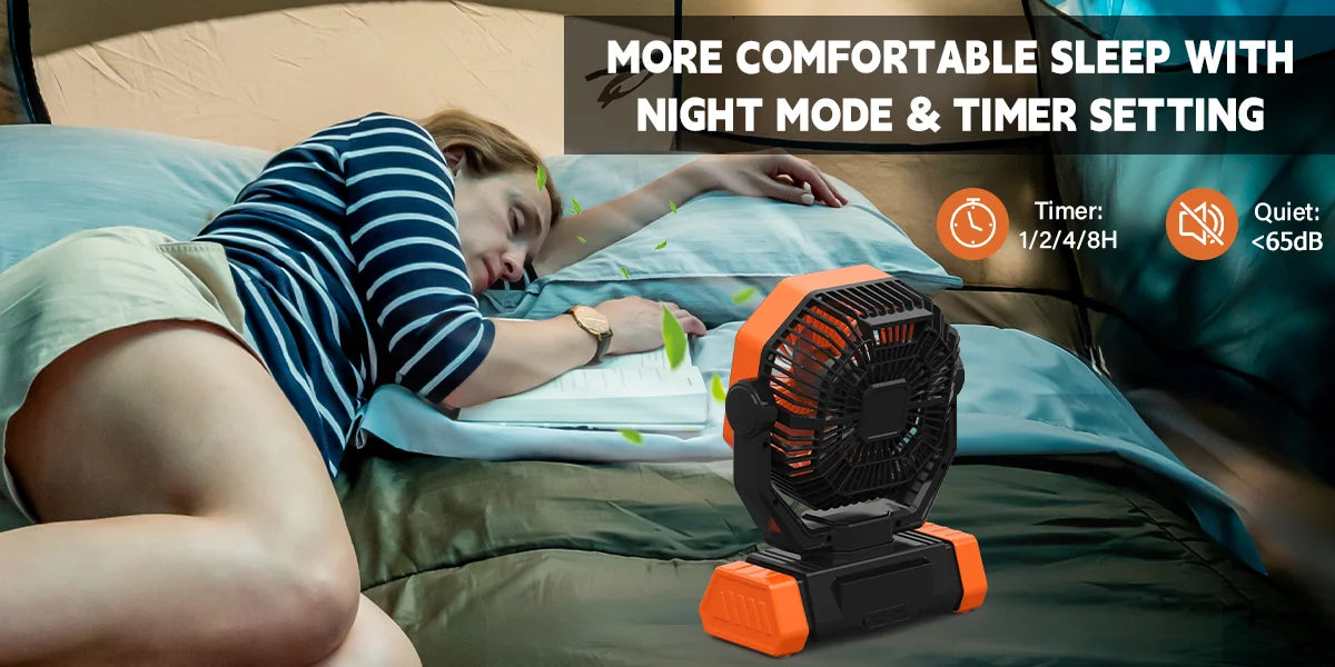 A camping fan powered by a 40000 mAh battery, rechargeable fan, with LED lights, equipped with a remote control and timer
