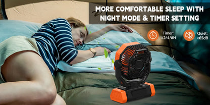 A camping fan powered by a 40000 mAh battery, rechargeable fan, with LED lights, equipped with a remote control and timer