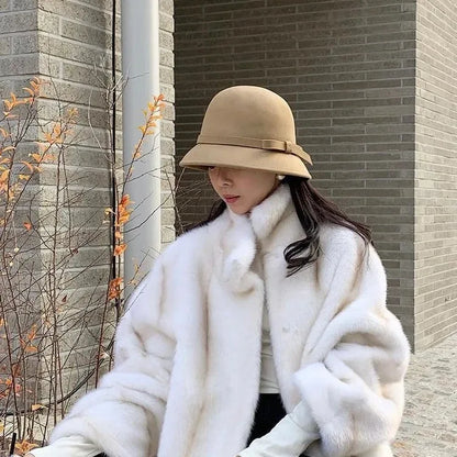 2024 Autumn Spring Fedoras Women Hat Elegant Vintage Bowknot Wool Ladies Hat Dome Felt Wedding Church Jazz Cap Female Bow Bowler