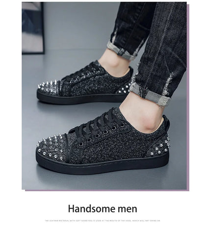 New Fashion Silver Trainers Glitter Spiky Shoes Men Lace Up Sneakers Low Top Shoes Red Sole Man Designer Sneaker With Spikes