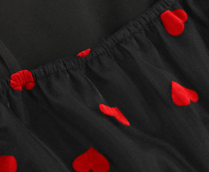 Knot Strap Strawberry Patchwork Vintage Dress 2025 Heart Flocking Valentine's Day Dress Women Birthday Party Pleated Mesh Dress