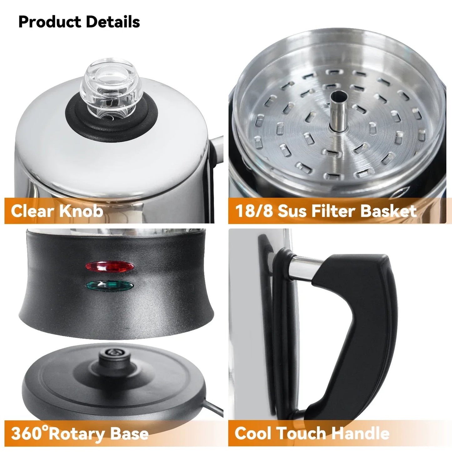 1.8L Electric Coffee Percolator 12 Cup Stainless Steel Coffee Pot with Keep Warm Function Reusable Filter Basket Coffee Maker