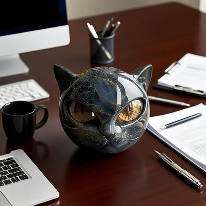 Cat Head Statue - Elegant Marble-like Glossy Resin Sculpture with Golden Eyes & Black Marble Texture,Desktop Decor for Home/Offi