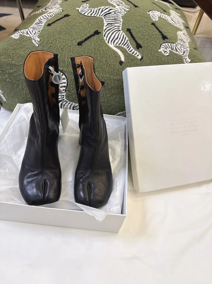 Leather Split Toe Tabi Boots For Women Chunky High Heels Women Shoes Ankle Boots Black Fashion Brand Designer Botas Mujer