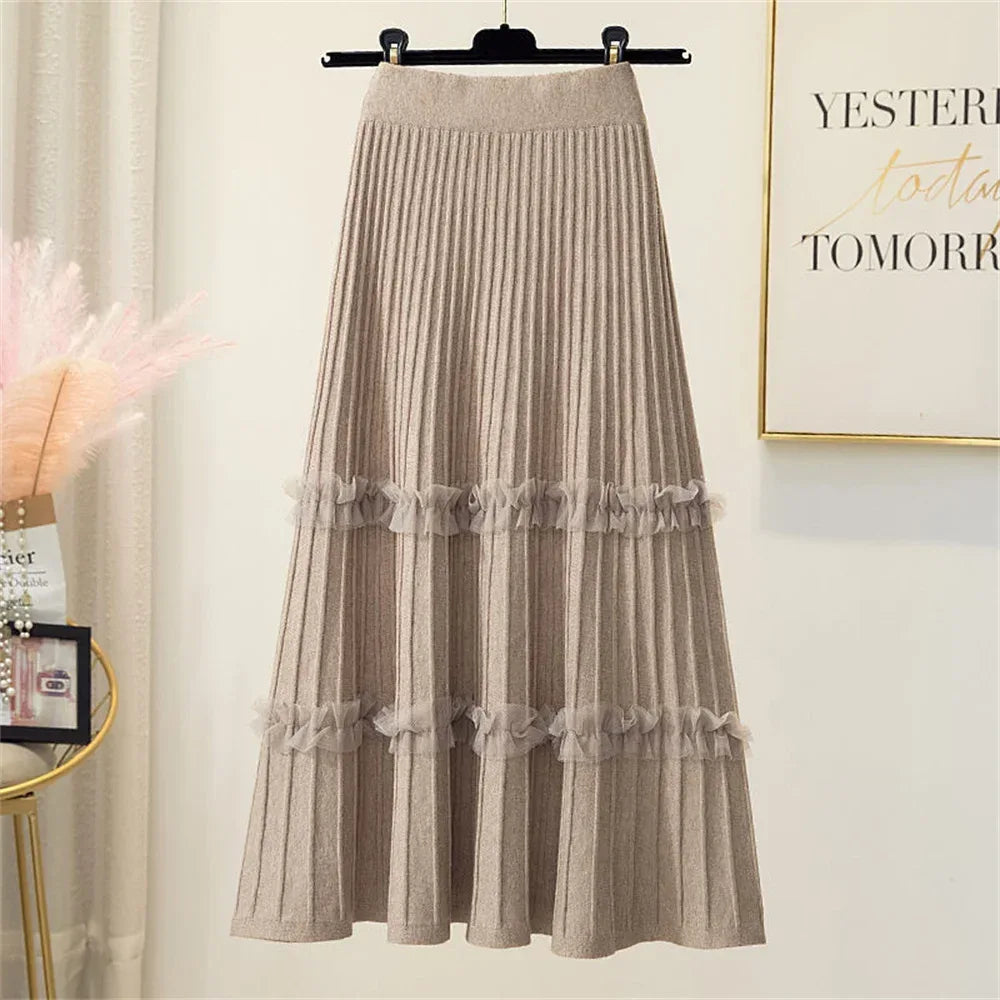 Lace Ruffle Mesh Patchwork Knitted Midi Pleated Skirt Women 2024 Autumn Winter High Waist Umbrella Solid Skirt A-Line Long Skirt