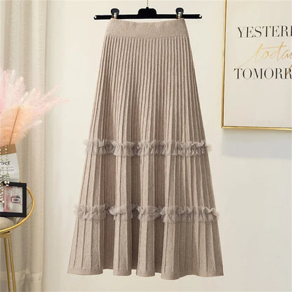 Lace Ruffle Mesh Patchwork Knitted Midi Pleated Skirt Women 2024 Autumn Winter High Waist Umbrella Solid Skirt A-Line Long Skirt
