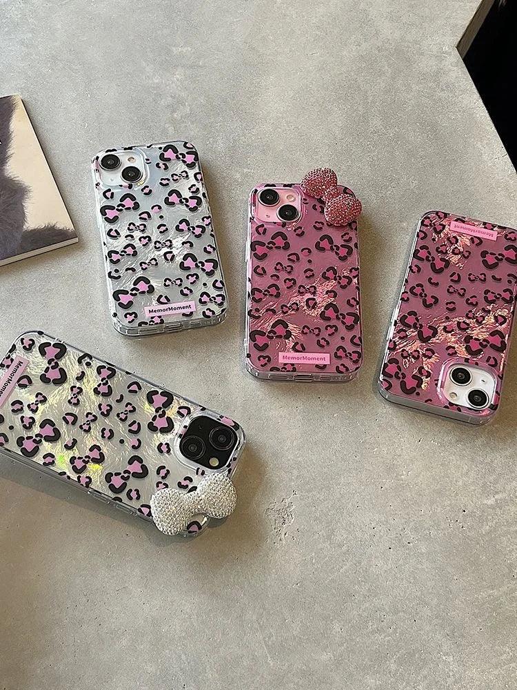 Sexy Leopard Diamond Bowknot Lustre Lining Phone Case for OPPO A18 A17 A16 A15 A38 A58 A78 A94 A74 A54 A57 A77 A53 A3X A40 A60